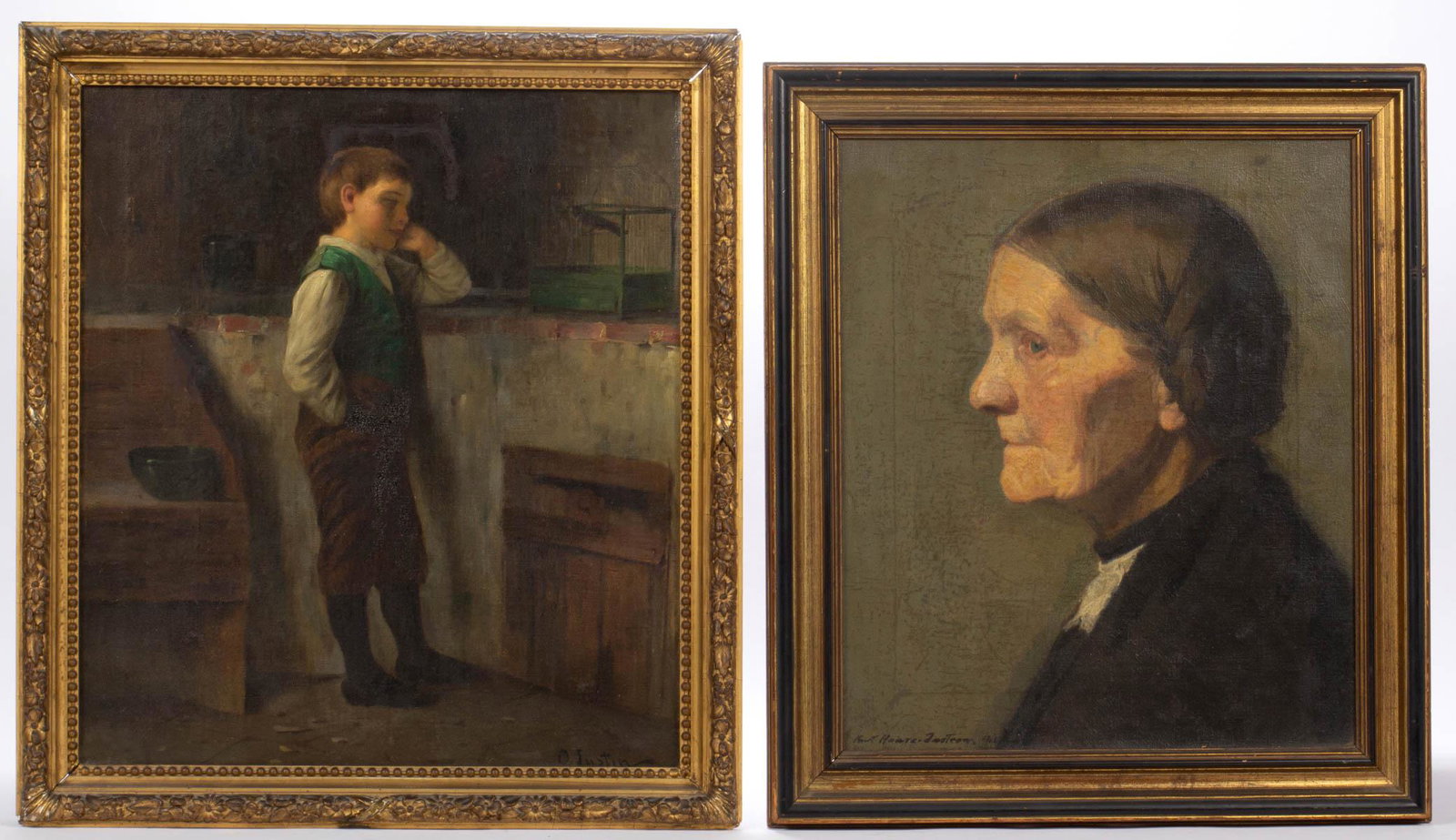 CONTINENTAL SCHOOL (LATE 19TH / EARLY 20TH C): CONTINENTAL SCHOOL (LATE 19TH / EARLY 20TH C) PORTRAITS, LOT OF TWO, depicting a full-length figure of a young boy, signed in the lower right "D. Justin", and a profile of an older woman with illegibl