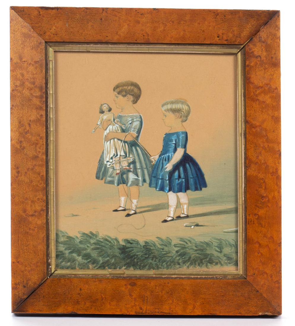 AMERICAN OR BRITISH SCHOOL (19TH CENTURY) PORTRAIT OF: AMERICAN OR BRITISH SCHOOL (19TH CENTURY) PORTRAIT OF CHILDREN, watercolor, gouache, and pencil on paper, full-length depiction, one figure holding a doll, the other a carriage whip, no signature loca
