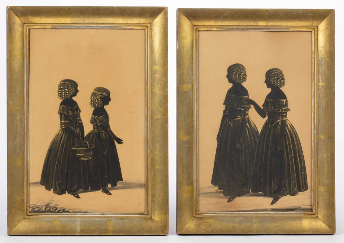 PAIR OF AMERICAN OR BRITISH SCHOOL (19TH CENTURY): PAIR OF AMERICAN OR BRITISH SCHOOL (19TH CENTURY) SILHOUETTE PORTRAITS OF SISTERS, full-length figures, including one holding a basket, watercolor highlights throughout, no signature located. Housed u