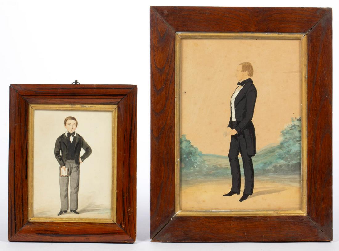 AMERICAN OR BRITISH SCHOOL (19TH CENTURY) PORTRAITS,: AMERICAN OR BRITISH SCHOOL (19TH CENTURY) PORTRAITS, LOT OF TWO, watercolor on paper, each full-length figure, including one with period illegible inscription on the reverse. Each housed in period fra