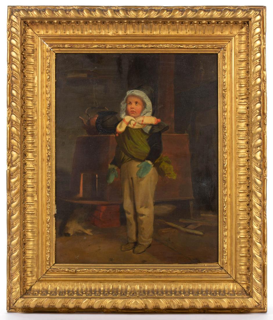 BRITISH SCHOOL (LATE 19TH/EARLY 20TH C) PORTRAIT OF A: BRITISH SCHOOL (LATE 19TH/EARLY 20TH C) PORTRAIT OF A CHILD, oil on board, full-length depiction on a figure dressed in winter clothes, with a cat sleeping near the stove, no signature located. Retain
