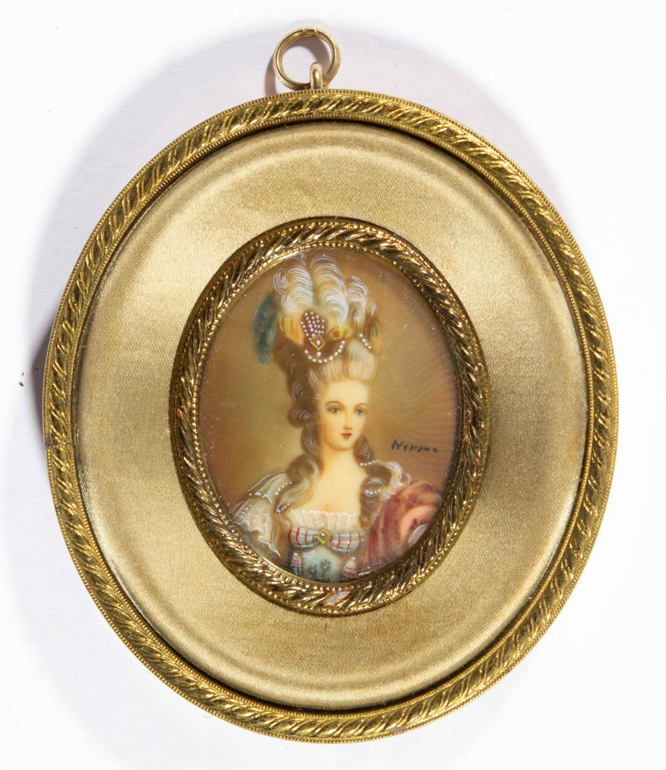 CONTINENTAL SCHOOL (20TH CENTURY) MINIATURE PORTRAIT OF: CONTINENTAL SCHOOL (20TH CENTURY) MINIATURE PORTRAIT OF MARIE ANTOINETTE, watercolor, with feathers and pearls in her hair, illegible signature center right. Original gilt-brass frame with silk lining