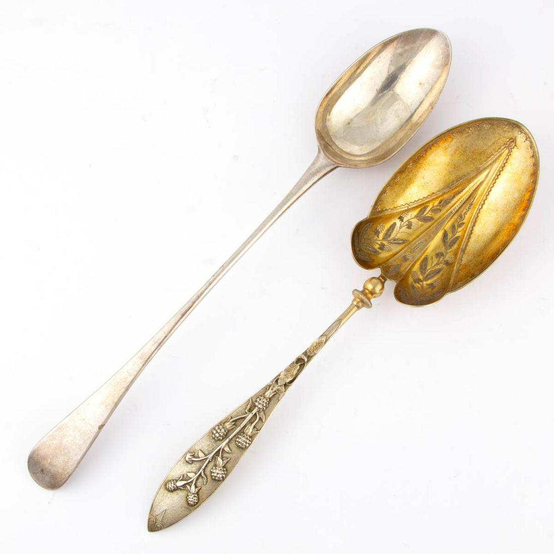BATEMAN FAMILY AND OTHER ENGLISH STERLING SILVER: BATEMAN FAMILY AND OTHER ENGLISH STERLING SILVER SERVING SPOONS, LOT OF TWO, comprising a Georgian stuffing spoon by Peter & Ann Bateman with an "r" date mark for 1792, and a Victorian serving spoon w