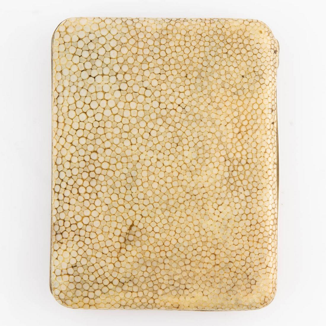 ENGLISH SHAGREEN AND STERLING SILVER CIGARETTE / CARD: ENGLISH SHAGREEN AND STERLING SILVER CIGARETTE / CARD CASE, rectangular form with curved corners, exterior with off-white shagreen/sharkskin covers, opens to a gold-washed interior. Interior impressed