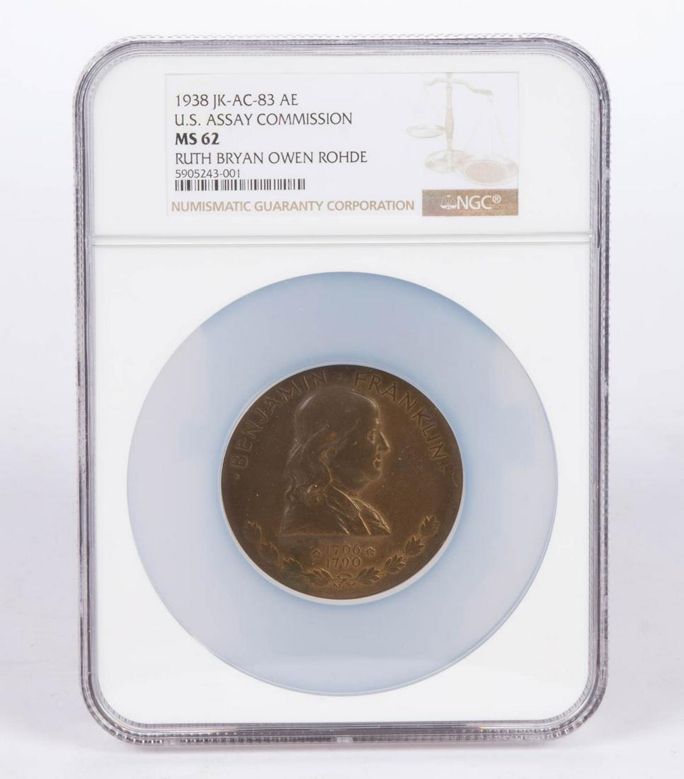 1938 U.S. ASSAY COMMISSION MS62 NGC JK-AC-83 MEDAL /: 1938 U.S. ASSAY COMMISSION MS62 NGC JK-AC-83 MEDAL / MEDALLION, by John R. Sinnock, bronze, featuring the bust of Benjamin Franklin, edge incuse "RUTH BRYAN OWEN ROHDE". 1938. 56 mm. Professionally gr