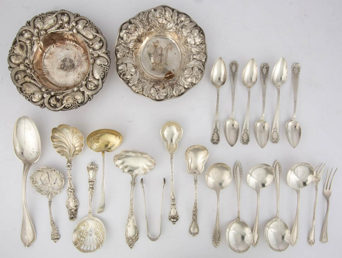 WHITING MFG. CO. AND OTHER AMERICAN STERLING SILVER: WHITING MFG. CO. AND OTHER AMERICAN STERLING SILVER FLATWARE AND BON BON BOWLS, LOT OF 24, including two repousse bon bon bowls with one by Whiting Mfg. Co. and the other by Gorham Mfg. Co., a "Lily" 