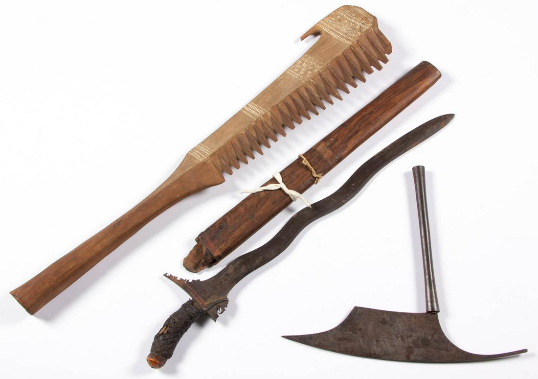 ETHNIC / OCEANIC ART ARTICLES, LOT OF THREE: ETHNIC / OCEANIC ART ARTICLES, LOT OF THREE, including a carved Polynesian wooden war club with chip-carvings, and kalis with possibly original sheath.. 20th century or earlier. Club 27 3/4" L. As-fou