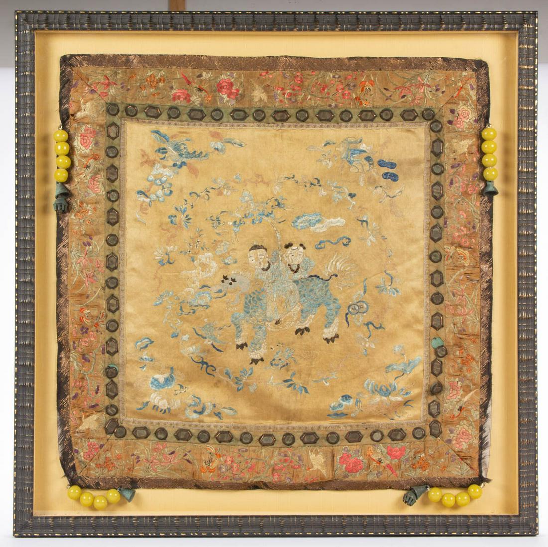 FRAMED JAPANESE PILLOW COVER: FRAMED JAPANESE PILLOW COVER, depicting a dragon. Housed in a modern frame. Fourth quarter 19th/early 20th century. 27 3/4" x 28 1/4" OA. Very good overall condition, scattered minor to moderate losse