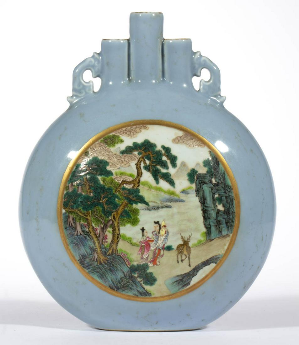 CHINESE EXPORT PORCELAIN FAMILLE ROSE MOON FLASK VASE: CHINESE EXPORT PORCELAIN FAMILLE ROSE MOON FLASK VASE, circular form with three separate cylindrical openings at top, one side featuring polychrome hand-painted scene depicting two female figures with