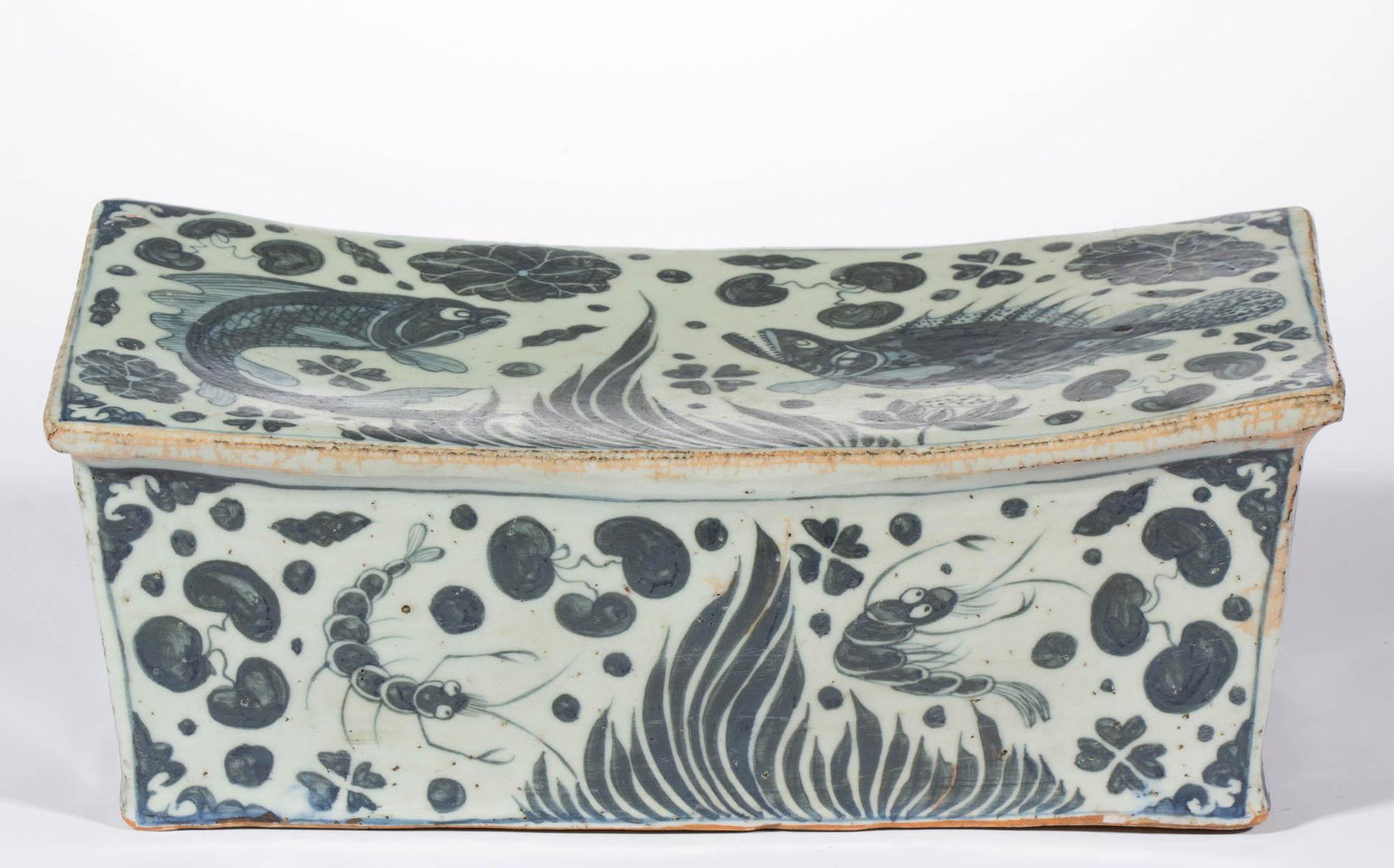 CHINESE EXPORT PORCELAIN BLUE AND WHITE PILLOW: CHINESE EXPORT PORCELAIN BLUE AND WHITE PILLOW, featuring various hand-painted images of sea creatures including shrimp, fish, crab, and turtles. Unmarked. Probably 20th century. 13 1/8" x 6 1/4", 5 1