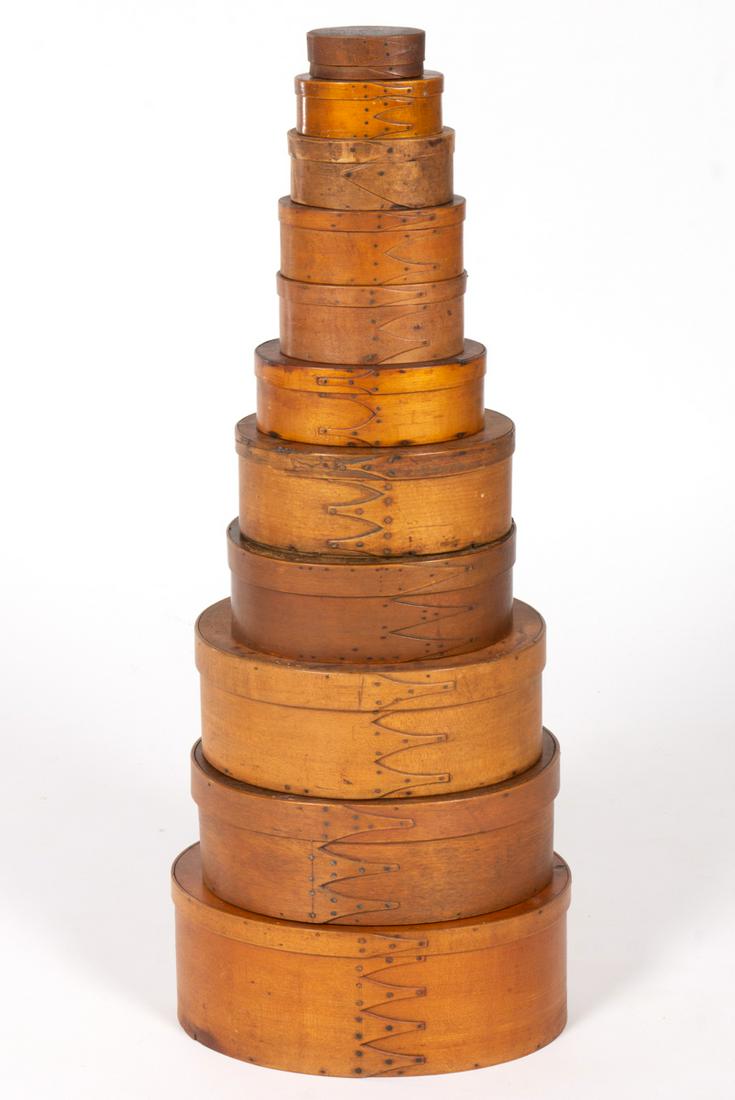 ASSEMBLED STACK OF SHAKER BENTWOOD BOXES, LOT OF TEN (1 of 11)