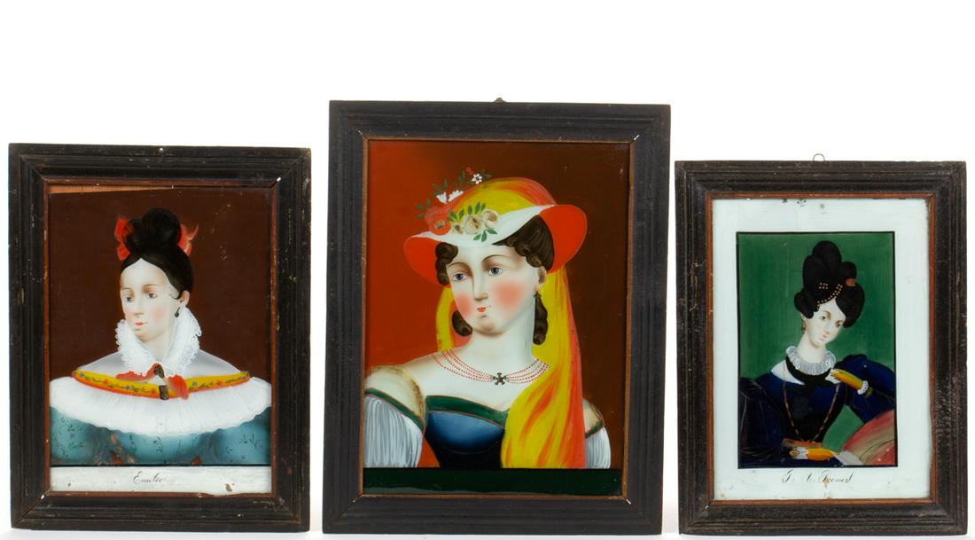FOLK ART REVERSE-PAINTED PORTRAITS, LOT OF THREE (1 of 4)