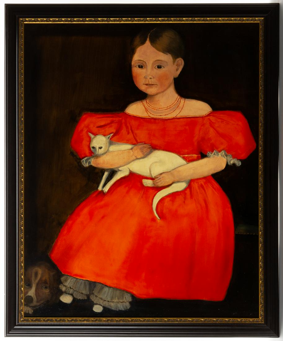 DAVID HILL (OHIO, 1926-2007) FOLK ART PORTRAIT: DAVID HILL (OHIO, 1926-2007) FOLK ART PORTRAIT, oil on canvas, after Ammi Phillips "Girl in Red Dress with Cat and Dog", signed and dated on the reverse "D.J. Hill 2002". Housed in original frame. Dat