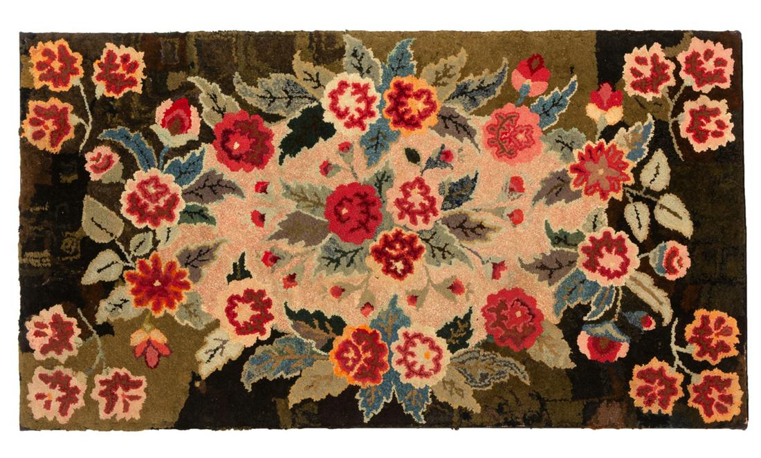 AMERICAN FOLK ART FLORAL HOOKED AND SHIRRED RUG (1 of 3)