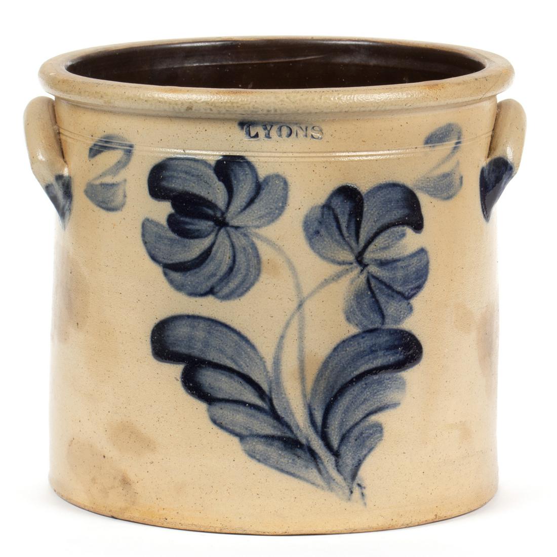 STAMPED "LYONS", NEW YORK DECORATED STONEWARE CROCK (1 of 4)