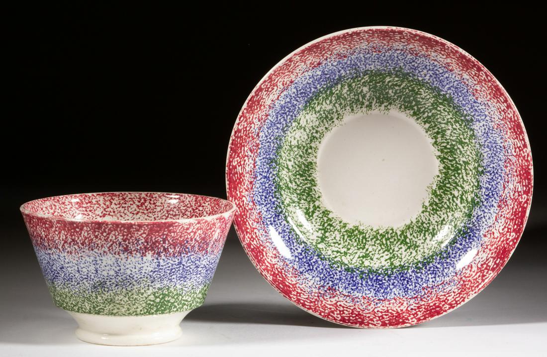 ENGLISH SPATTERWARE RAINBOW CERAMIC CUP AND SAUCER (1 of 1)