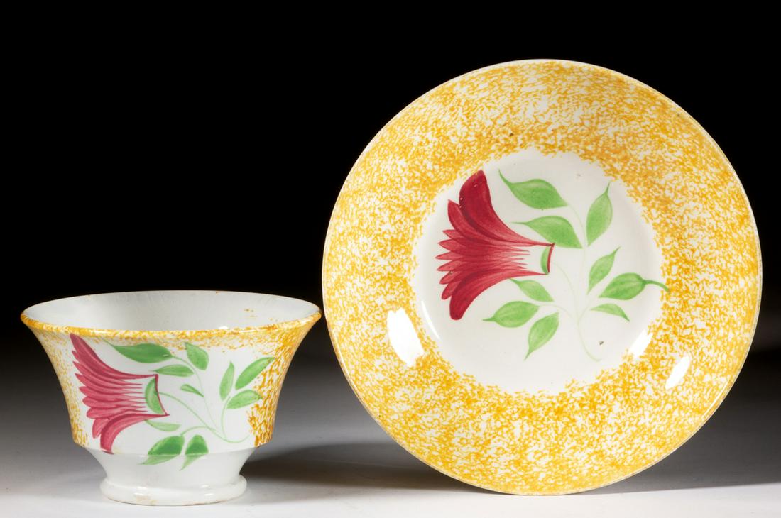 ENGLISH SPATTERWARE THISTLE CERAMIC CUP AND SAUCER (1 of 1)