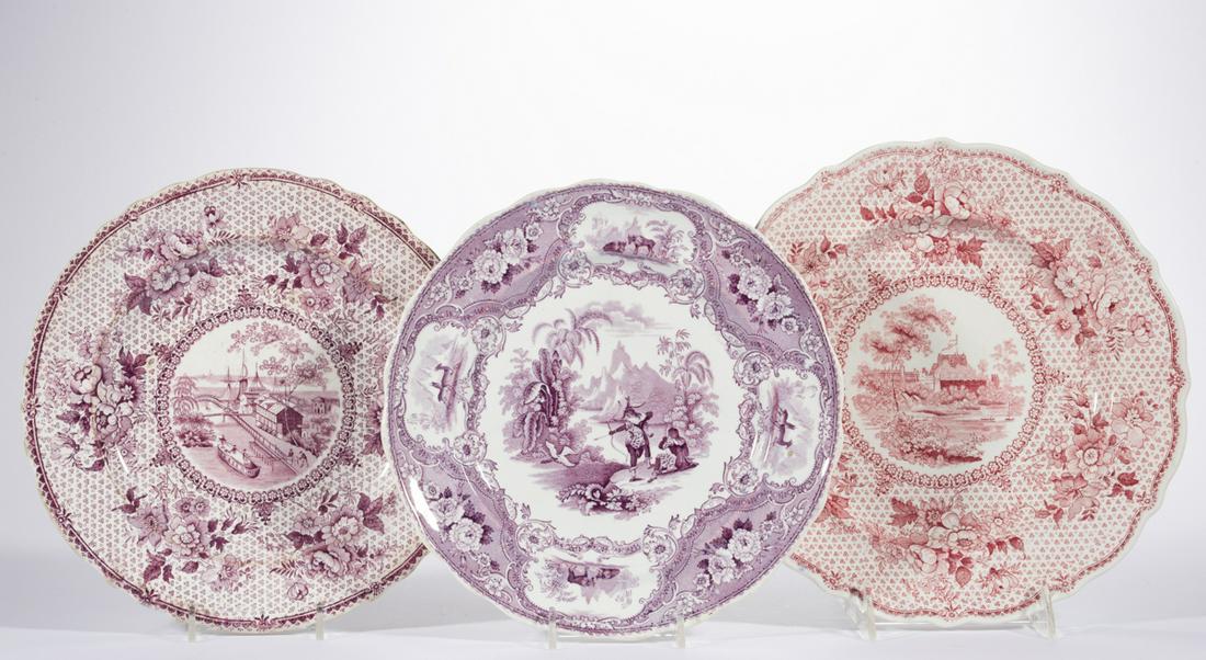 STAFFORDSHIRE TRANSFER-PRINTED CERAMIC PLATES, LOT OF: STAFFORDSHIRE TRANSFER-PRINTED CERAMIC PLATES, LOT OF THREE, comprising two from the Lace Border series including "Erie Canal / at Buffalo" and "Windsor / Castle", and a purple/mulberry transfer examp