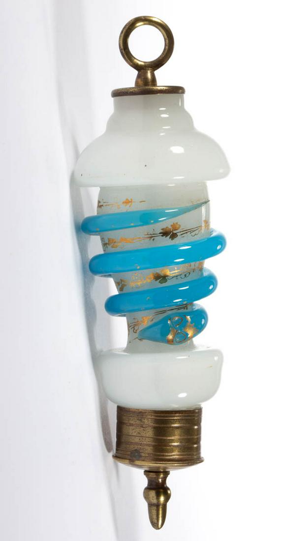 BOHEMIAN FREE-BLOWN WITH SERPENT CALL PULL: BOHEMIAN FREE-BLOWN WITH SERPENT CALL PULL, alabaster/clambroth with fine gilt decoration, unusual form with an applied translucent starch blue serpent, brass mounts and hanging hook. Bohemia, now Cze