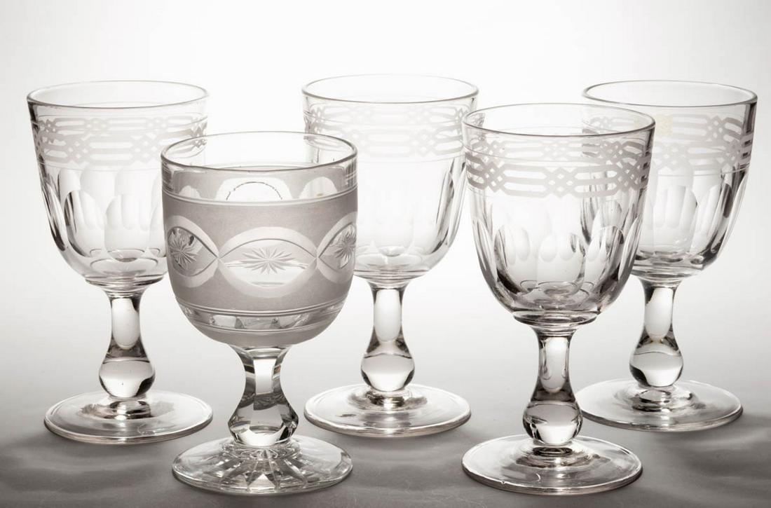 FREE-BLOWN AND CUT CHAIN GOBLETS, LOT OF FIVE: FREE-BLOWN AND CUT CHAIN GOBLETS, LOT OF FIVE, colorless, comprising four matching examples with a medial band of cut thumbprints and frosted chain upper band, and an overall frosted with cut swag cha