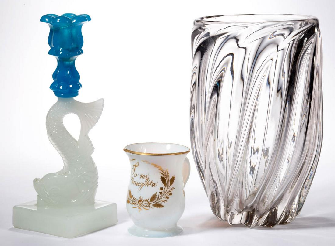 ASSORTED GLASS ARTICLES, LOT OF THREE: ASSORTED GLASS ARTICLES, LOT OF THREE, comprising a fiery opalescent mug with gilt decoration stating "To my/Daughter" within a laurel wreath frame, a translucent starch blue over alabaster/clambroth 