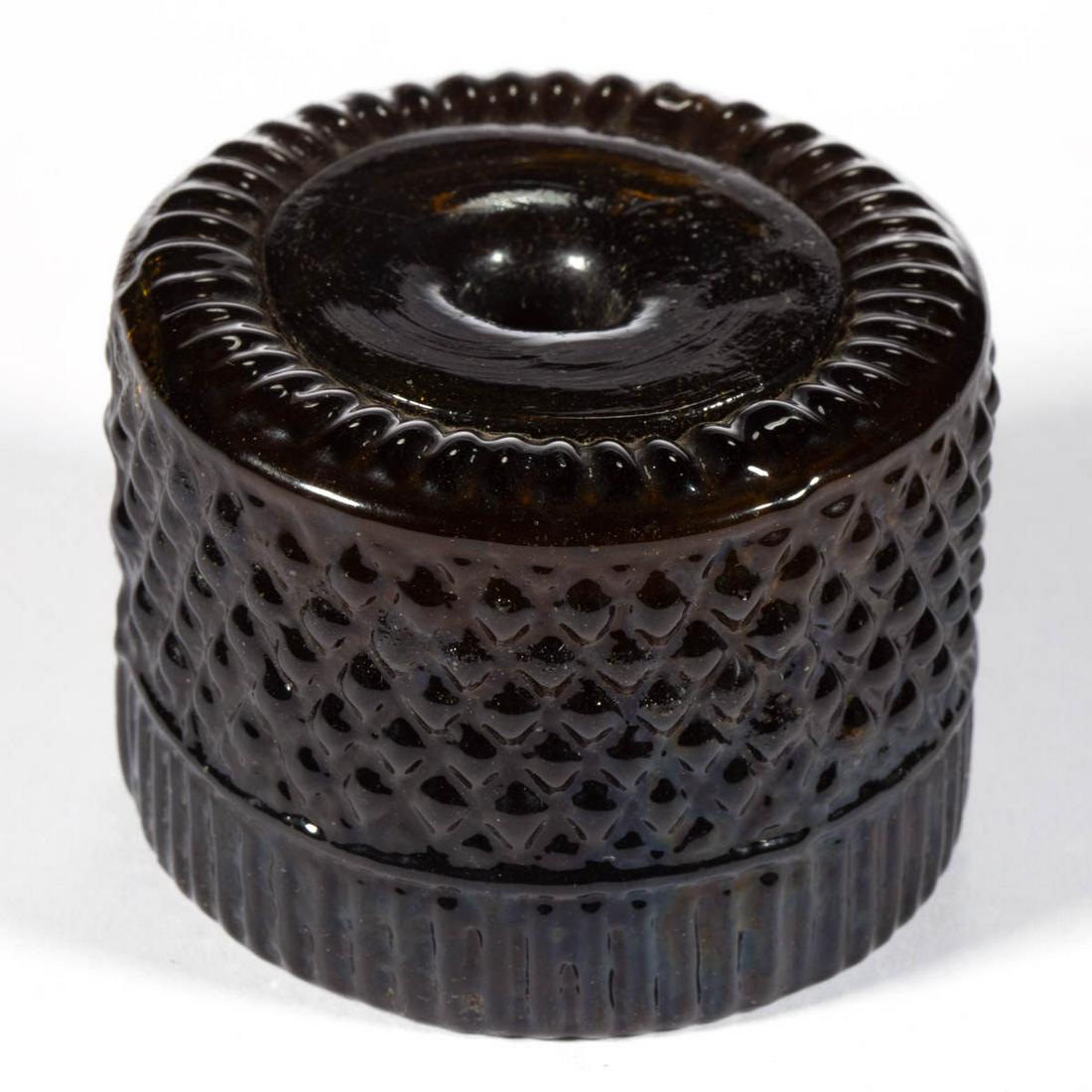 BLOWN-MOLDED GII-18 INKWELL: BLOWN-MOLDED GII-18 INKWELL, deep olive green, applied mouth, Diamond Type VII base with rough pontil mark. Probably Coventry Glassworks (1815-1848), Coventry, Connecticut. 1815-1840. 2" H, 2 3/4" D. 