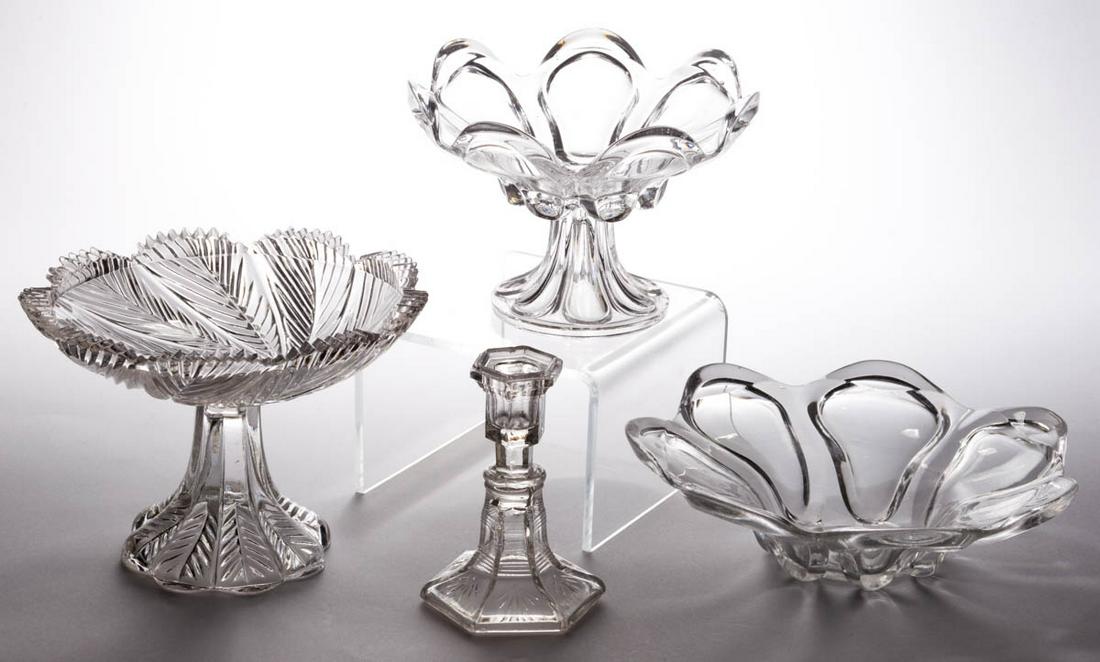 ASSORTED FLINT EAPG ARTICLES, LOT OF FOUR: ASSORTED FLINT EAPG ARTICLES, LOT OF FOUR, colorless, including a seven-loop bowl, a seven-loop compote raised on a seven-loop base, and a Pressed Leaf nappie/compote. Boston & Sandwich Glass Co. and 