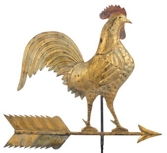 AMERICAN FOLK ART MOLDED-COPPER FULL-BODY ROOSTER: AMERICAN FOLK ART MOLDED-COPPER FULL-BODY ROOSTER WEATHERVANE, retaining an outstanding original gilt surface with red highlights to comb and wattle. Currently displayed on a custom iron stand.