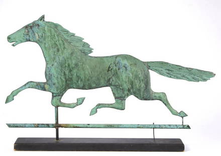 AMERICAN FOLK ART MOLDED-COPPER FULL-BODY RUNNING HORSE: AMERICAN FOLK ART MOLDED-COPPER FULL-BODY RUNNING HORSE WEATHERVANE, retaining a fine surface with strong verdigris patination. Currently displayed on a custom wood and iron stand. Probably Harris & C