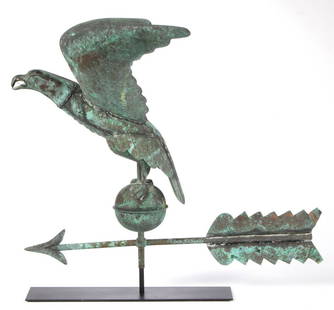 AMERICAN FOLK ART MOLDED-COPPER FULL-BODY EAGLE: AMERICAN FOLK ART MOLDED-COPPER FULL-BODY EAGLE WEATHERVANE, spread-wing form perched on an orb, arrow below, retaining an old patinated surface. Currently displayed on a custom iron stand. First