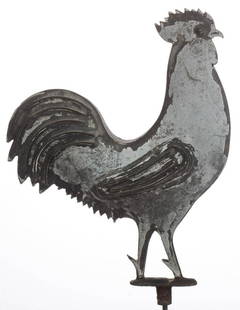 AMERICAN FOLK ART MOLDED-SHEET-IRON / ZINC FULL-BODY: AMERICAN FOLK ART MOLDED-SHEET-IRON / ZINC FULL-BODY DIMINUTIVE ROOSTER WEATHERVANE / FINIAL, applied wire delineating feathers, standing on a small platform with lower threaded connector, retaining