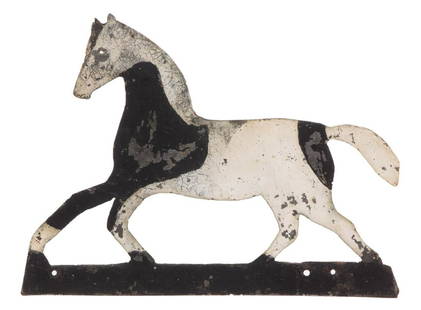 AMERICAN FOLK ART CUT-OUT SHEET-IRON HORSE WEATHERVANE: AMERICAN FOLK ART CUT-OUT SHEET-IRON HORSE WEATHERVANE, a diminutive example retaining likely original painted surface, one side black and white, the other gold and white. Fourth quarter 19th/early