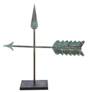 AMERICAN FOLK ART COPPER ARROW WEATHERVANE: AMERICAN FOLK ART COPPER ARROW WEATHERVANE, retaining old verdigris patination. Currently displayed on a modern wooden stand. Discovered in Bucks Co., PA. First half 20th century. 23" HOA, 23 1/4"