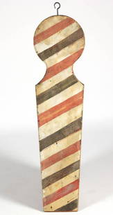 AMERICAN FOLK ART PAINTED WOODEN BARBERSHOP TRADE SIGN: AMERICAN FOLK ART PAINTED WOODEN BARBERSHOP TRADE SIGN, flat double-sided form exhibiting the silhouette profile of a barber's pole, currently fitted with wrought-iron hanging hook. Retains an early,