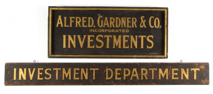 AMERICAN FOLK ART PAINTED WOODEN TRADE SIGNS, LOT OF: AMERICAN FOLK ART PAINTED WOODEN TRADE SIGNS, LOT OF TWO, each of single-sided form, the longer example of oak with gilt stenciled lettering on a dark brown ground, the smaller example for Alfred, Gar