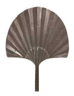 AMERICAN FOLK ART 10TH ANNIVERSARY TIN HAND FAN: AMERICAN FOLK ART 10TH ANNIVERSARY TIN HAND FAN, oversized form with pleated fan top on a straight handle, later added hanging loop to one side. Fourth quarter 19th/early 20th century. 18 1/8" x 13 3/