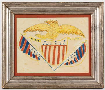 AMERICAN SCHOOL (19TH CENTURY) FOLK ART PATRIOTIC: AMERICAN SCHOOL (19TH CENTURY) FOLK ART PATRIOTIC DRAWING, watercolor and pencil on paper, naÃ¯ve depiction of a large spread-wing eagle above shield, banner, and flags. Housed under glass in a