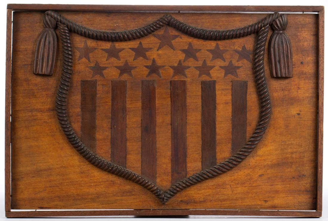 AMERICAN FOLK ART INLAID MAPLE PATRIOTIC WALL PLAQUE (1 of 2)