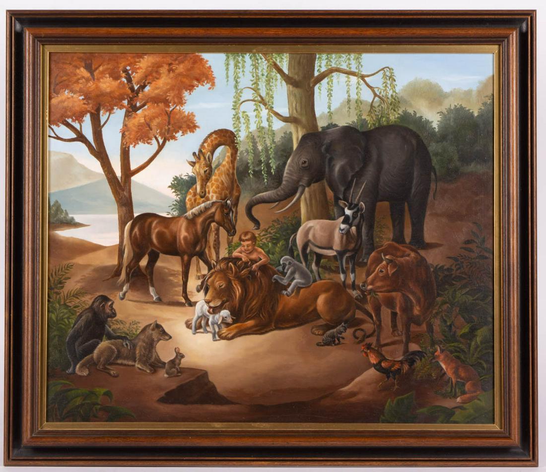 PATRICIA KARIG RUFFNER (VIRGINIA, 1921-2004) FOLK ART: PATRICIA KARIG RUFFNER (VIRGINIA, 1921-2004) FOLK ART PEACEABLE KINGDOM PAINTING, oil on board, in the style of Edward Hicks, not signed, 1986 exhibition label to verso. Housed in original molded fram