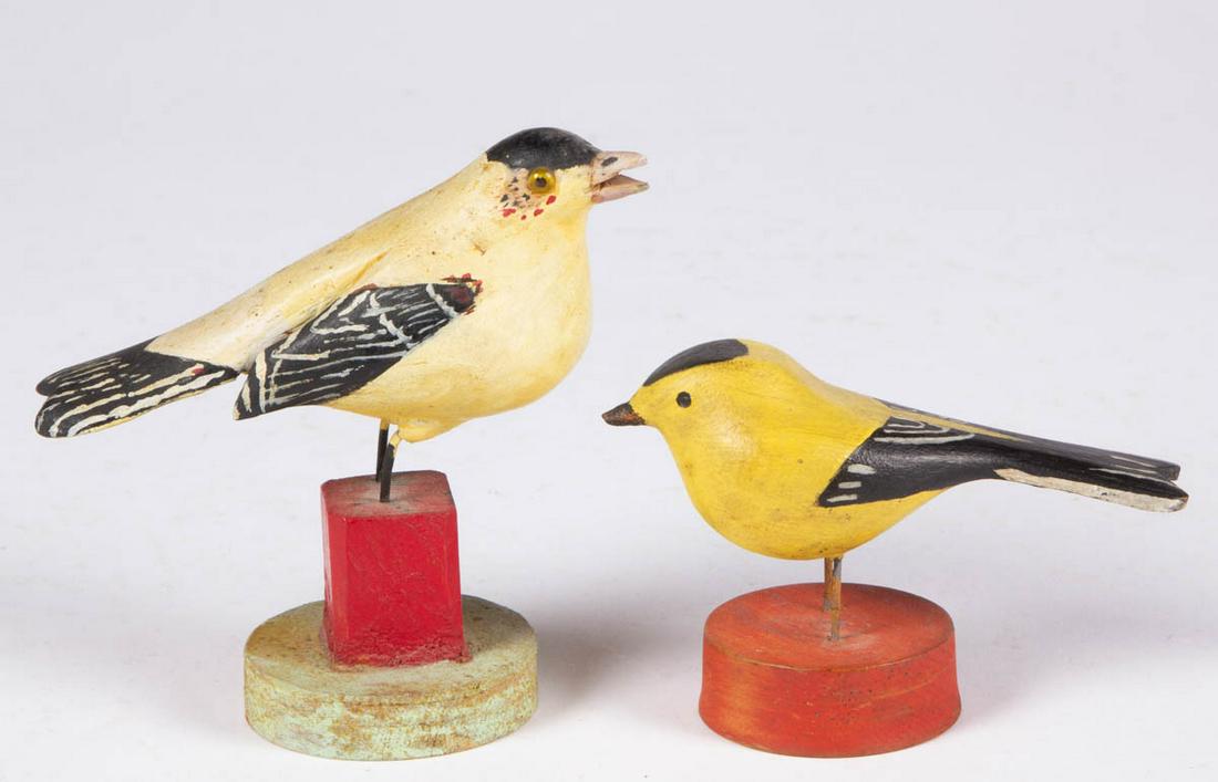 AMERICAN FOLK ART CARVED AND PAINTED GOLDFINCH FIGURES, (1 of 3)