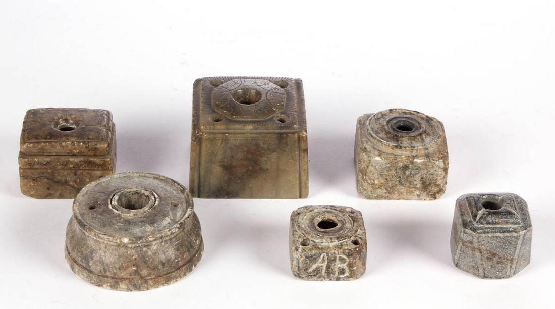 CARVED SOAPSTONE INKWELLS / INKSTANDS, LOT OF SIX (1 of 6)
