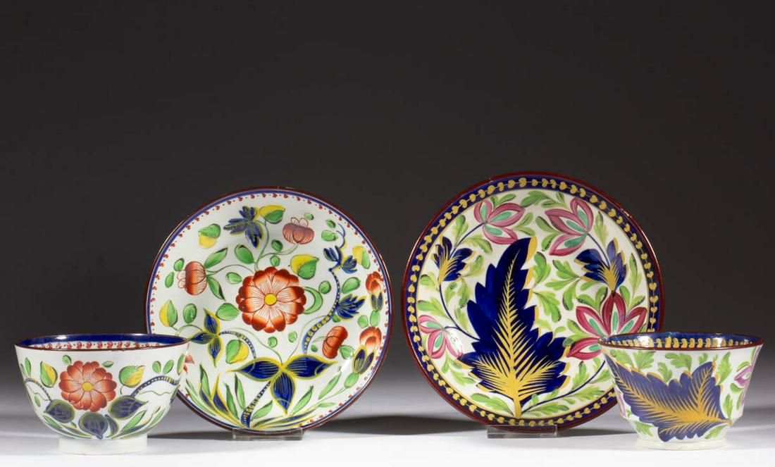 ENGLISH GAUDY DUTCH CERAMIC CUP AND SAUCER SETS, LOT OF (1 of 2)