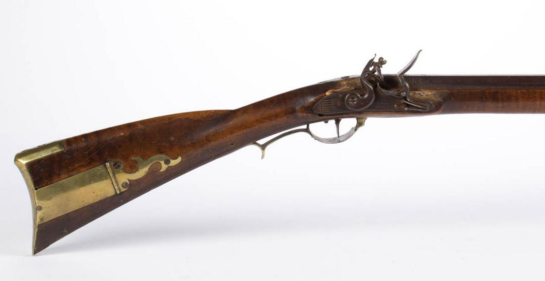 BERKS COUNTY, PENNSYLVANIA ATTRIBUTED KENTUCKY-STYLE: BERKS COUNTY, PENNSYLVANIA ATTRIBUTED KENTUCKY-STYLE FLINTLOCK LONG RIFLE, (updated 7/1/21) approximately .54 caliber, partially figured maple fullstock with brass mounts, two-piece brass patchbox wit