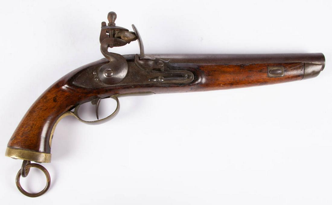 BELGIAN NAVAL / SERVICE FLINTLOCK PISTOL: BELGIAN NAVAL / SERVICE FLINTLOCK PISTOL, featuring full walnut stock, brass mounts, and iron lanyard ring, barrel stamped "BELGIUM", proofmark on lock plate rear of the pan, no placement for ramrod. 