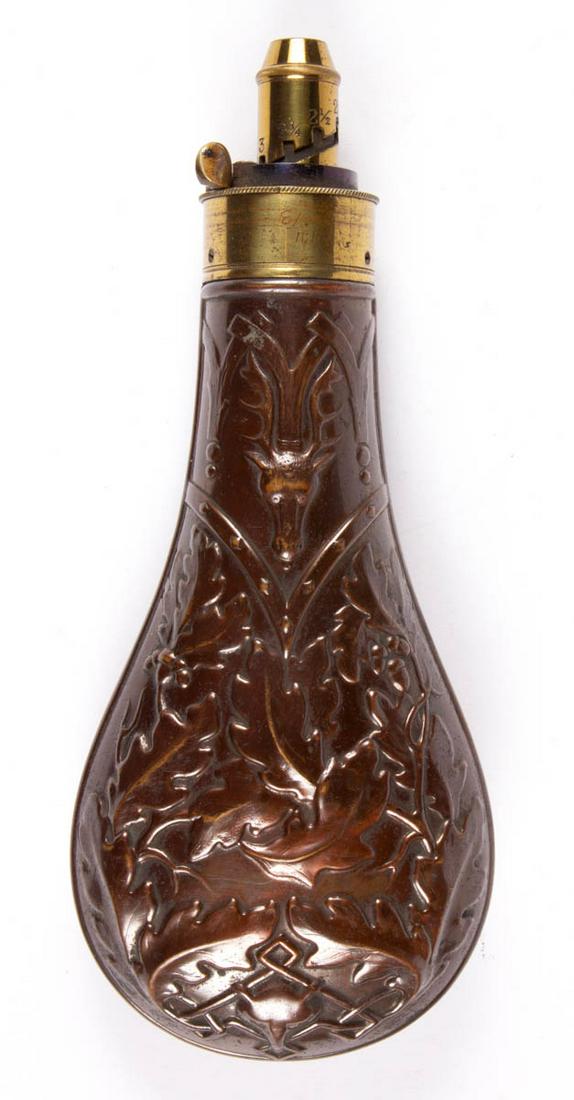 G. & J. W. HAWKSLEY LACQUERED COPPER POWDER FLASK: G. & J. W. HAWKSLEY LACQUERED COPPER POWDER FLASK, embossed with stag and fox heads surrounded by oak leaves, brass neck mount and screw-in cap with measure marked "G. & J. W. HAWKSLEY". George and Jo