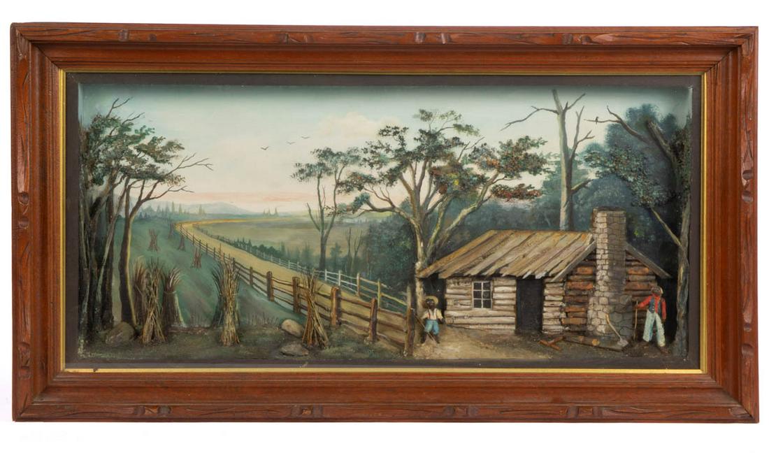 VIRGINIA / WASHINGTON, DC CARVED AND PAINTED FOLK ART: VIRGINIA / WASHINGTON, DC CARVED AND PAINTED FOLK ART DIORAMA, depicting two African-American figures in front of a rustic cabin situated by a country road flanked by split-rail fence and corn shocks,