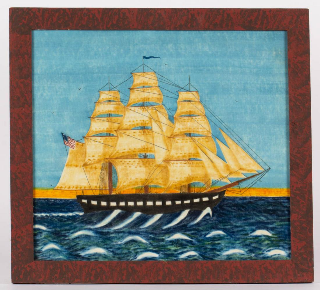 WILLIAM "BILL" RANK (PENNSYLVANIA, 1921-2000) FOLK ART: WILLIAM "BILL" RANK (PENNSYLVANIA, 1921-2000) FOLK ART THEOREM PAINTING, on velvet, depicting a three-mast clipper ship, signed "Bill Rank". Housed in possibly original artist-made frame. Second half 