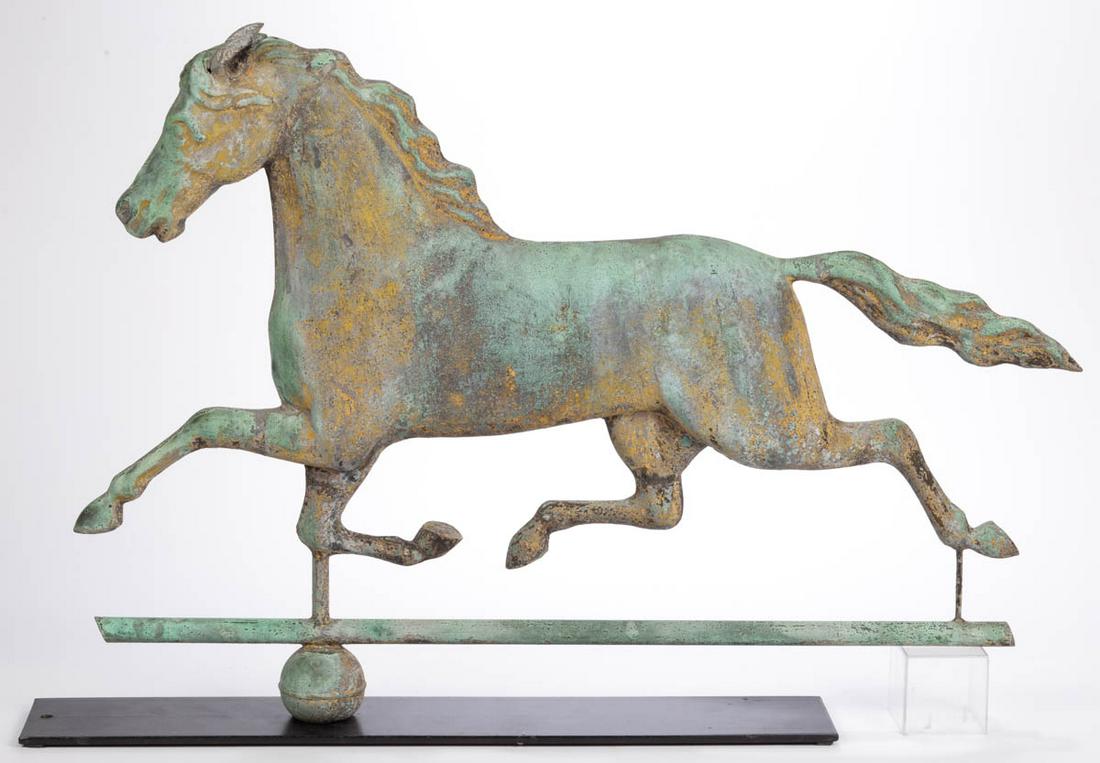 J. HARRIS & SON (BOSTON, MASSACHUSETTS) FOLK ART: J. HARRIS & SON (BOSTON, MASSACHUSETTS) FOLK ART MOLDED-COPPER FULL-BODY RUNNING HORSE WEATHERVANE, galloping form with cut-out and applied mane, stamped "Harris & Son". Original verdigris patinated s