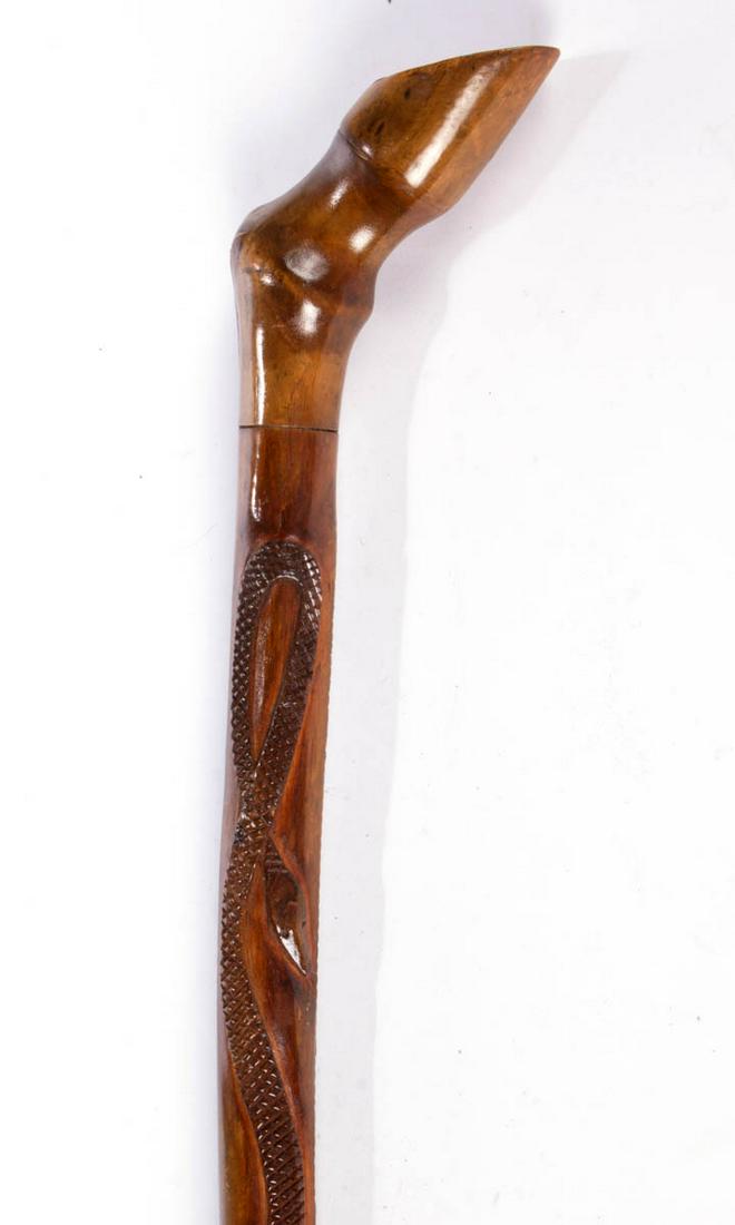 BALTIMORE, MARYLAND FOLK ART CARVED CANE / WALKING: BALTIMORE, MARYLAND FOLK ART CARVED CANE / WALKING STICK, featuring relief "Mr. CLAPHAM SMITH" above "27 S. Gay St Balt'o", cross-hatched snake to opposite side, and leafy vine wrapping around lower h