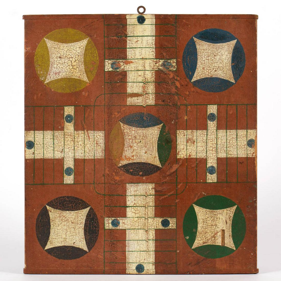 FOLK ART PAINT-DECORATED WOODEN GAMEBOARD: FOLK ART PAINT-DECORATED WOODEN GAMEBOARD, one-sided, featuring Parcheesi. Paint is likely modern. Together with a reproduction game/meat board with iron hooks. Two pieces total. 19th /20th century. 1